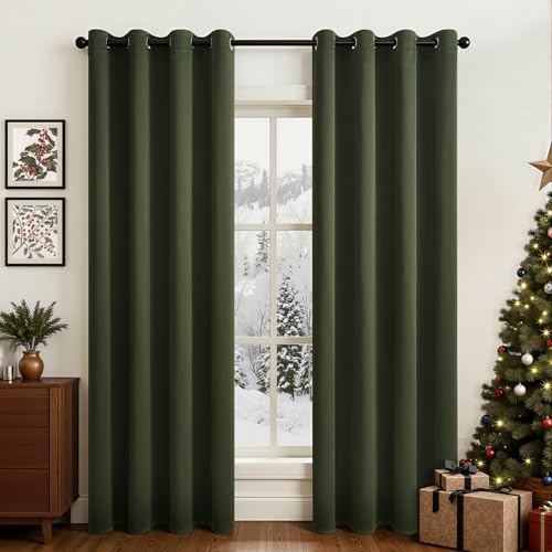 Topfinel Vorhänge Blickdicht Übergardinen Wohnzimmer H 160 x B 140 cm cm Verdunklungsvorhänge Abdunkelnde Gardinen mit Ösen Thermogardinen Hitzeschutz für Schlafzimmer und Arbeitszimmer Oliv Grün