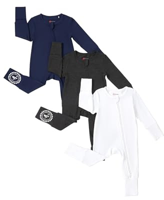 PatPat Lot de 3 barboteuses pour bébé garçon de 0 à 24 mois Ensemble pyjama en viscose de bambou avec chauffe-pieds Vert olive Gris ou Bleu marine Blanc Gris foncé
