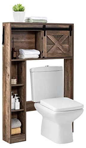 FANTASK Toilettenschrank, Toilettenregal Holz mit Schiebetür, Badschrank Vintage, freistehend Aufbewahrungsschrank für Toilette, Waschtisch (Braun)