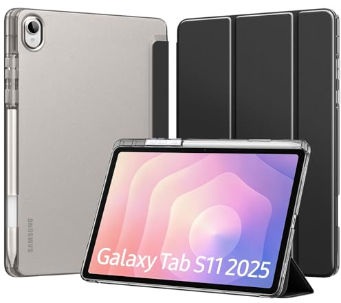 MoKo Funda para Samsung Galaxy Tab S11 11 2025 [SM-X730/SM-X736B] con Porta Lápiz S, Protectora Trifold Delgada Ligera, Carcasa Trasera Translúcida PC Dura, Auto Wake/Sleep, Negro