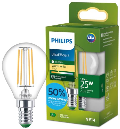 PHILIPS LED UltraEfficient Clear P45 Glühfadenlampe, E14-Kleiner-Edison-Schraubsockel, Energieklasse A, 252 lm, entspricht 25 W, Warmweiß (2700 K), EyeComfort, 50.000 Stunden, 1 Packung