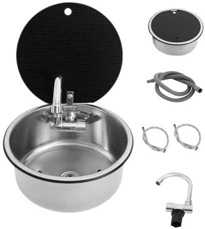 awolsrgiop Wohnmobil Spüle Camping Set mit Klappbarem Wasserhahn, Edelstahl Spülbecken 34cm & Abdeckung aus Gehärtetem Glas, Komplettset für Camper, Wohnwagen und Yachten, Inkl. Zulauf und Ablauf