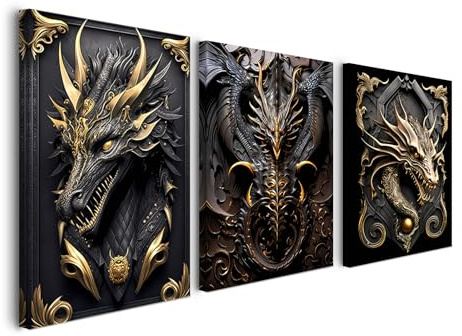 Gerahmtes Wandbild Set 30×40 cm 3er Set Drache Gold Schwarz Leinwandbilder für Wohnzimmer Schlafzimmer Küche Büro Vintage Wandbild mit Haken Nägeln und magischer Klettbefestigung sofort aufhängbar