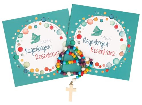 Kinder Rosenkranz-Geschenkset: Rosenkranz mit bunten Holzperlen (33,5 cm) & Holzkreuz, inkl. 26-seitigem Begleitheft mit farbigen Illustrationen – liebevolles Erstkommunion-Geschenk
