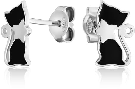 Ohrringe Silberohrringe Damenohrringe 925 Sterling Silber Katze Ohrstecker, Schwarz Emaille Schmuck Echtschmuck