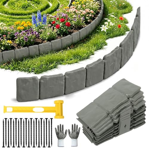 20 Stück Beeteinfassung Kunststoff Set mit Handschuhe und Hammer, 5m Rasenkante Kunststoff mit Steinoptik Blumenbeet Umrandung für Rasenkanten und Blumenbeete (Grau)