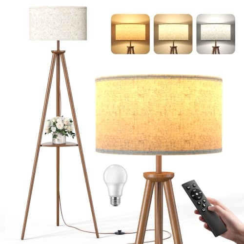 Lampadaire Trépied LED sur Pied Salon avec Étagères de Rangement - 12W Lampe sur Pied Bois avec Télécommande & Ampoule, Lampe Liseuse Réglables pour Salon, Chambre, Brun Foncé - Étagère Triangulaire