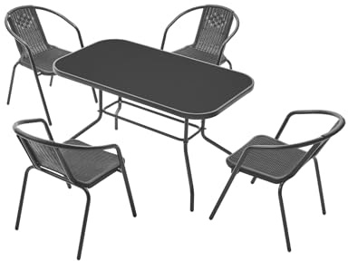 MAT-COMPANY Gartenmöbel Set 5 teilig Balkonmöbel Set mit 4 Stühlen und Tisch Polyrattan Bistro Set Balkon Terrasse Garten Sitzgruppe mit Glastisch Metallgestell Schwarz