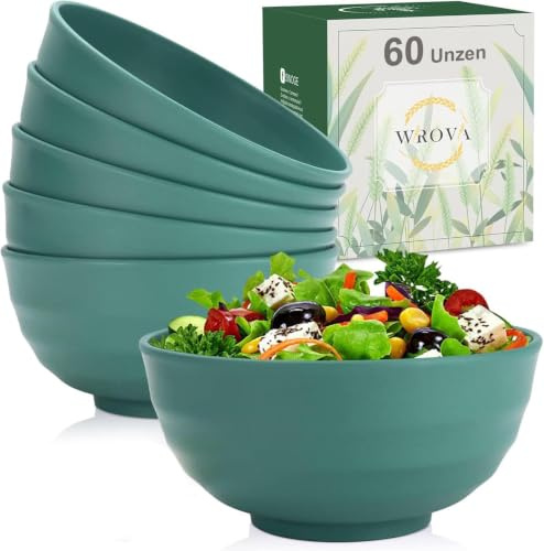 Wrova Wiederverwendbar Plastikschüssel 1770 ml Schüsseln mit großem Fassungsvermögen, 6er-Set, Unzerbrechliche Schüssel Set, Spülmaschinenfest Große Servierschüsseln für Ramen und Salat–Dunkelgrün
