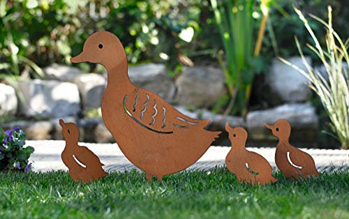 Dekoleidenschaft Gartenstecker Entenfamilie aus Metall in Rost-Optik, Dekostecker Ente mit Küken, Garten-Deko für Draußen