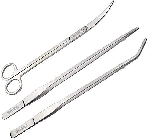 FEITA Aquarium Pinzetten Set Langes Edelstahl Gebogenes & Gerades Aquarium Fütterungspinzette Scherenwartungswerkzeug Kit (3 Stück)