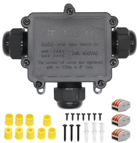 IP68 Waterproof Junction Box, HUYU 3-Way Outdoor Cable Connectors with M25 Glands Electrical Junction Box for Ø 4-14mm - T3