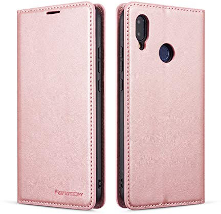 QLTYPRI Custodia per Huawei P20 Lite, Premium PU Leather Cover Bumper TPU con supporto carte di credito nascosto Adsorbimento magnetico antiurto a portafoglio compatibile Lite - Oro rosa