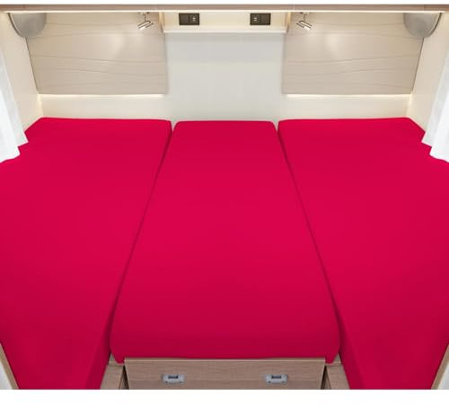 G BETTWARENSHOP – Spannbettlaken für Wohnmobile & Wohnwagen – Spannbetttuch Set 3-teilig für 2 Längsbetten + Mittelteil – Jersey Bettlaken für Heckbetten 2 Längsbetten + Mittelteil Rubin
