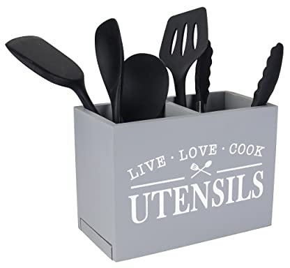 Karisky Soporte para utensilios de cocina con parte inferior extraíble, organizador grande de 2 compartimentos, organizador de utensilios de granja para decoración de encimera, 9 x 7 x 5 pulgadas