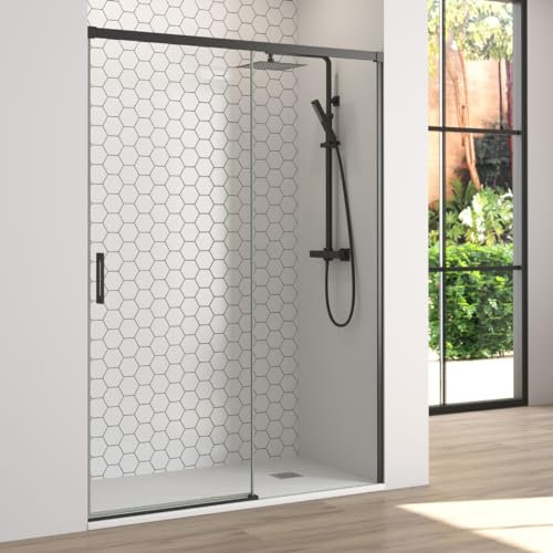 Mampara de Ducha Frontal Corredera 1 puerta Corredera + 1 fijo | Transparente | Cristal templado 6mm Antical | 195cm de Altura | Perfilería color Negro Mate | 130 cm (Adaptable 124-129cm)