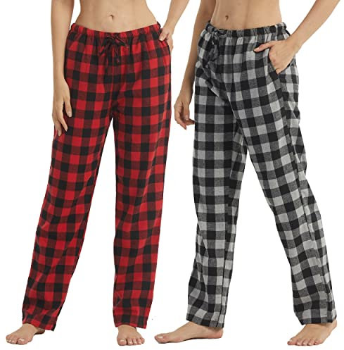 YUSHOW 2er Pack Pyjamahose Damen Lang Baumwolle Flanell Karierte Schlafanzughose Winter Weich Nachtwäsche Hose Freizeithose mit Taschen und Kordelzug, Grau Schwarz Kariert+Rot Schwarz Kariert Größe L