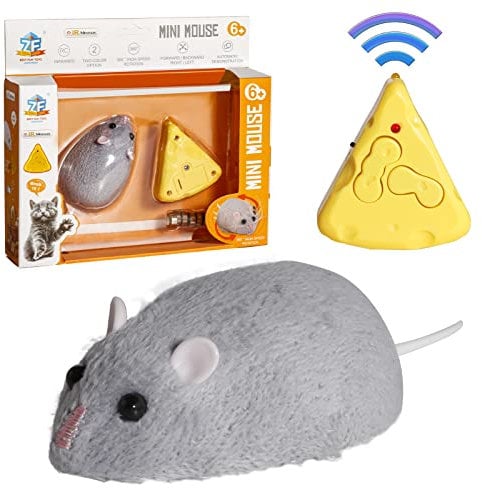 MYCreator Mini Remote Control Rat Fake Mouse Prank Toy with Cheese Controller, Realistic Stuffed Animal Plush Mouse Interactive Cat Toys Halloween Trick Spooky Funny Toy for Cats Dogs Kids (Grey)