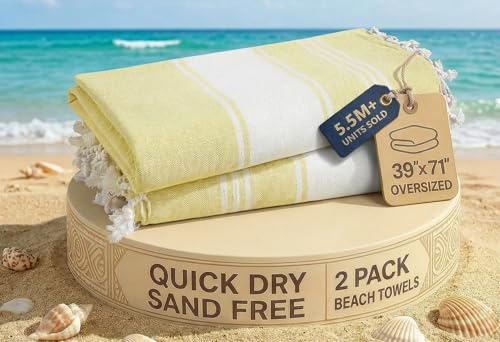 LANE LINEN Oversized Turkish Beach Towels – 2 Pack, 39x71 Lightweight & Quick Dry Pool Towels, Sand-Proof & Absorbent for Adults, Yellow
