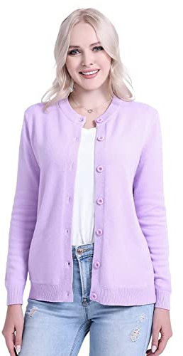 SMILING PINKER Cardigan da donna basic girocollo cappotto lavorato a maglia con bottone, Lilla pastello., S