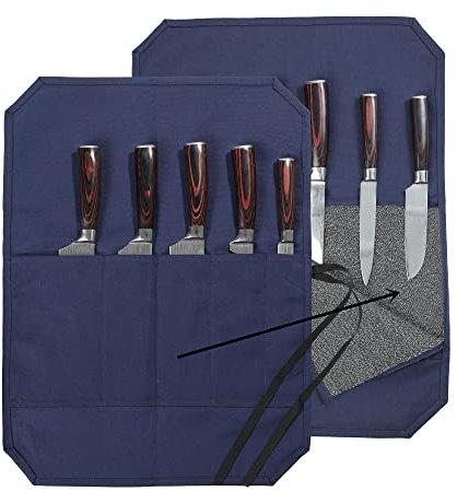 Messertasche für Köche, 5 Fächer, Messerrolle mit schnitt- und durchstoßfestem Material drin, gewachstes Segeltuch (blau)