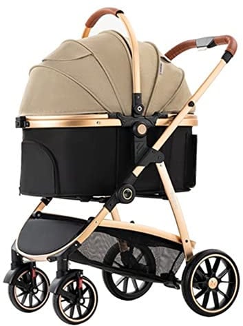 BSFHQS Hundebuggy 2-in-1 Hundewagen Katzenbuggy Transporttasche Mit Universal Rad Und Aufbewahrungskorb Faltbar Leicht Für Hunde Bis 20 Kg Haustiere (Color : Gold)