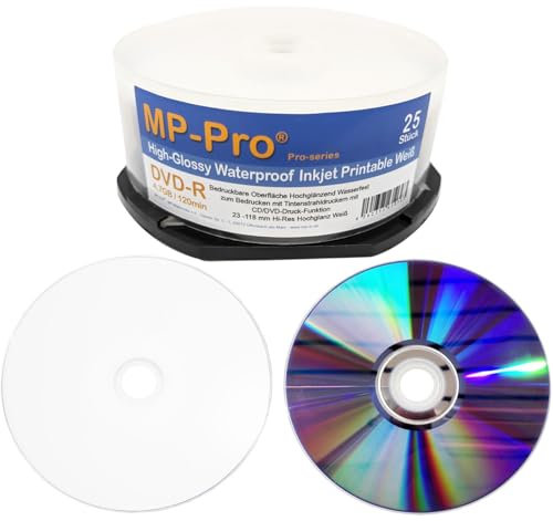 Waterproof High-Glossy DVD-R Rohlinge 4,7 GB Inkjet Printable Nanokeramik Hochglanz Weiß Wasserfest Bedruckbar - 25er Cake Box
