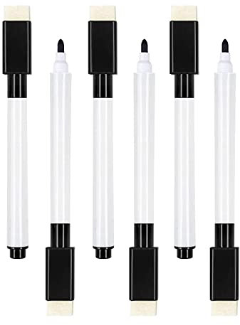 Qiuyan 6pcs Mini Magnetic Dry Erase Markers Fine Tip White Board Dry Wipe Pens with Erasers Cap for Whiteboard Dry-Erase Boards School Office Home (Black)
