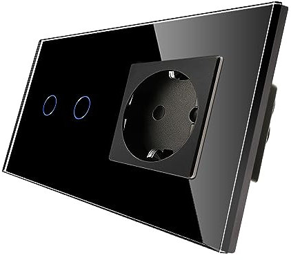 CNBINGO Dimmschalter mit Schuko Steckdose unterputz - Dimmer Schalter für LED-Leuchten - Touch Lichtschalter zweifach in Schwarz - Wandschalter mit Glasrahmen und Status-LED-Neu
