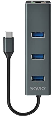 SAVIO USB Hub USB C Verteiler - USB C Adapter - 3 x USB C Hub - USB Adapter - USB-C Hub - Adapter USB C Switch - USB-Hubs - 1 x USB LAN Port - USBC Hub - USB Multiport
