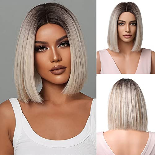 Esmee Kurze Gerade Ombre Braun bis Blond Bob Perücken für Frauen Schulterlänge Synthetik Perücke für Tägliche Party Cosplay Verwendung
