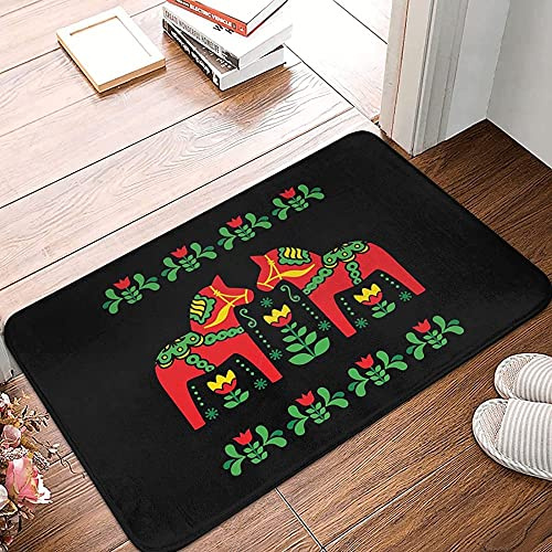 Fußabtreter Blume Schwedische Dala-Pferde Willkommen Fußmatte Schmutz Widerstehen Rückseite Fußabtreter Rutschhemmender Fussmatte Für Haustür Wohnzimmer Innen 40X60Cm