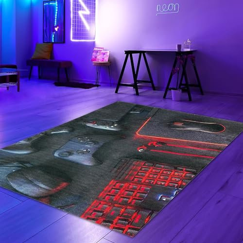 Teppich-Traum Controller Gaming-Teppich 200 x 290 cm Schwarzes Design Leuchtend rote Akzente - Konsole und Joysticks