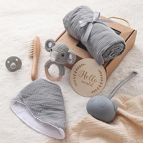 Youuys 7-Teilig Baby Geschenk zur Geburt für Neugeborene, Baby Geschenk Mädchen Junge, Badetücher, Rassel, Schnuller, Meilensteinkarten, Lätzchen, Bürste, Geschenkverpackung, Babyparty (Grau)