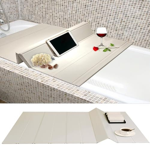 Badewannenabdeckung, 170x75x0.7cm Faltbar Badewanne Brett Staubdicht Wasserdicht Bathtub Tray, Bezug für Badewanne PVC Badewannenbretter Dämmplatte Badregal für Hause-Weiß