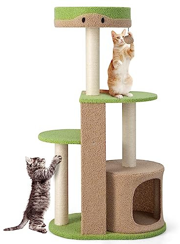 GYMAX Arbre à Chat Multicouche avec Grattoir en Sisal, Arbre à Chat en Forme de Fleur avec Boule et Poteau, Perchoir en Peluche, Centre d'Activités pour Chats,Charge 15kg (Vert+Marron)