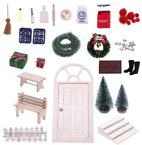Weihnachtsdeko, Wichteltür Zubehör Weihnachten Set, Weihnachtswichtel Tür Set, Weihnachtsdeko Elfentür, mit Zäun, Leiter, Stiefel, Kranz, Feentür Set für Kinder Geschenke (27pcs)