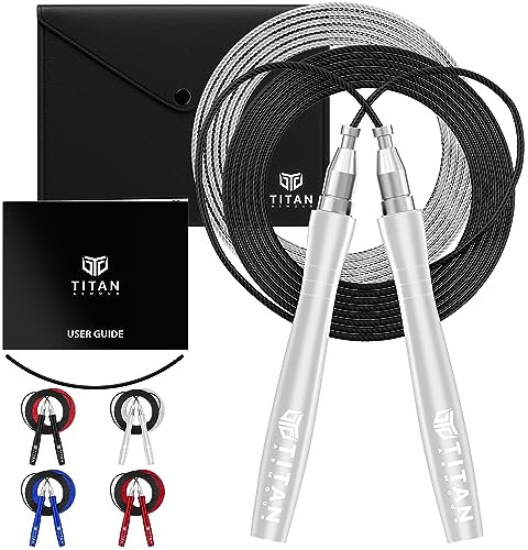 Titan Armour® Schnellspringseil für Erwachsene, selbstsichernd, verstellbar, 2 x Stahlseile mit 2,5 mm und 3 mm Dicke und Reiseetui, Pro-Springseil: Fitness, Crossfit, Boxen, MMA, UK-Marke (Silber)