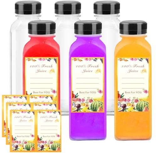 Mooshy 350ml Plastic Juice Bottles 6 Pack Reusable Empty Bottles with Seal Lids Clear PET Bottles with Fruit Label Leak-proof Drink Bottles for Juice, Milk Smoothie