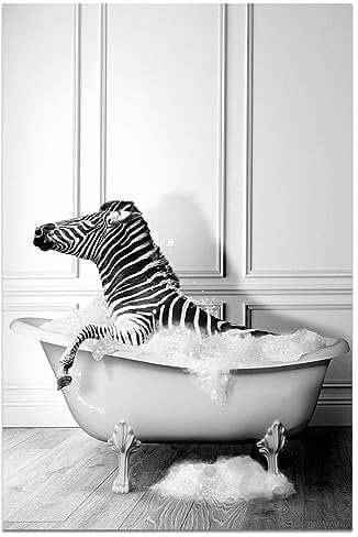Black and White Wall Art Funny Zebra Canvas Bathroom Poster Cute Zebra in the Bathtub Posters Animal Prints Painting Modern Room Aesthetic for Living Room Bedroom Toilet Wall Decor 16x24inch Unframed