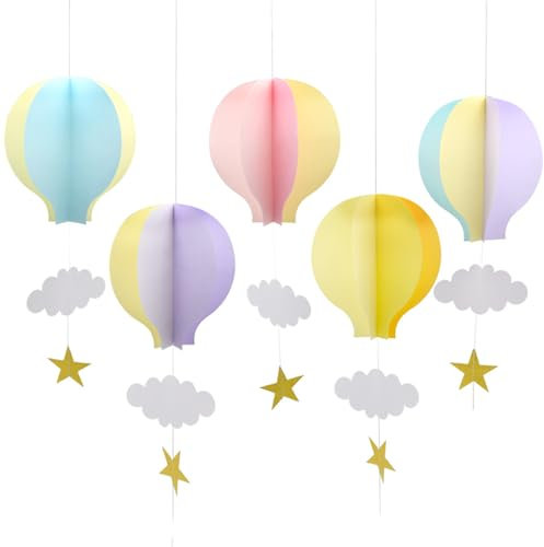 Ruidee 5pcs 3D Heißluftballon Form hängenden Dekoration Papier Girlande hängende Papierdekoration Wolken Sterne für Kinder Zimmer Party Decke Fenster Wand Hängende Deko(DR/Colour)