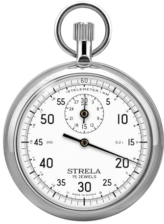 STRELA Stoppuhr ST50WS Zifferblatt weiß Analoger mechanischer Kronenstopper mit Handazufzug Uhr mit 1 Krone und Telemter Skala