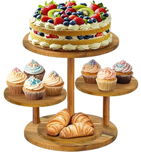 HZE 4 Tier Round Wooden Cupcake Stand, Brown, Holds 50 Cupcakes, Perfect for Birthdays, Tea Parties & More