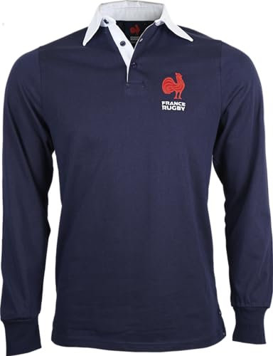 Fédération Française de Rugby FFR - Polo Officiel XV de France - Polo Adulte Manches Longues en Coton - Collection Officielle Bleu Marine - S