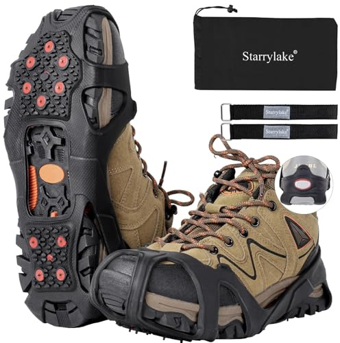 Starrylake Ice Snow Grips Crampons with 10 Tungsten Spikes with Reflective Strips for Shoes and Boots Anti Slip Ice Traction Cleats for Running Walking, Footwear for Men Women M/L/XL