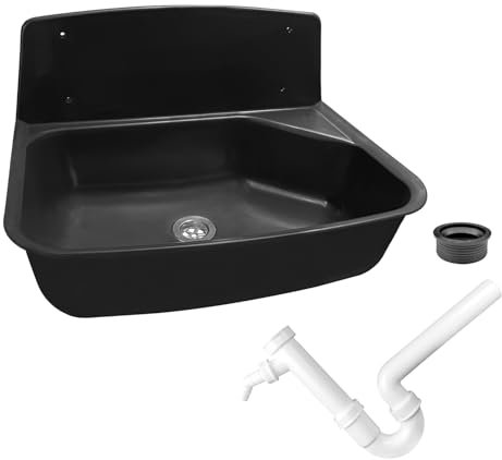 kör4u Komplettset Ausgussbecken schwarz, 52,6 cm, aus Kunststoff, inkl. Abflussstopfen, Kunststoff Siphon weiß 1 1/2 Zoll x 40mm, Gumminippel DN 40/50