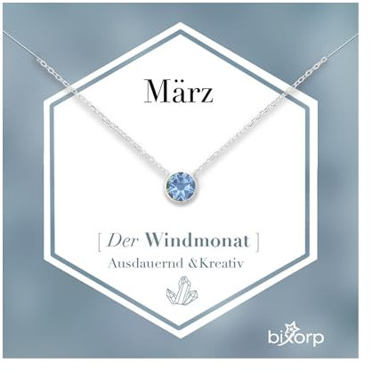Bixorp Geburtsstein Halskette mit Zirkonia-Anhänger März - Edelstahlkette mit rundem Zirkonia-Kristall - März/Aquamarin - Silber
