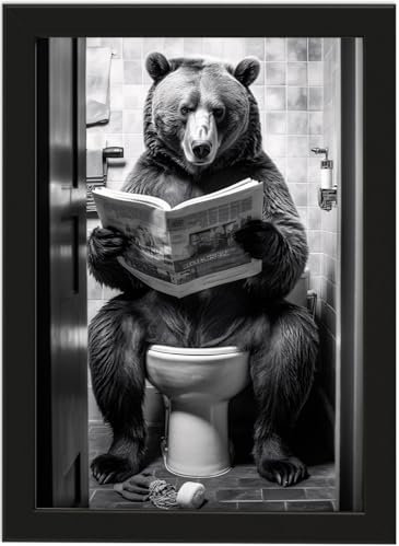Bär auf WC, Poster A4 mit Rahmen, Toilette Badezimmer Deko, Wand-Deko Bilder Lustiges Geschenk