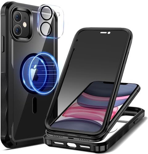 seacosmo Magnetic for iPhone 11 Case, Privacy Phone Cover Compatible with Magsafe Built-in 9H Tempered Glass Screen Protector and Camera Protective Full Body Shockproof Case for iPhone 11 - Black