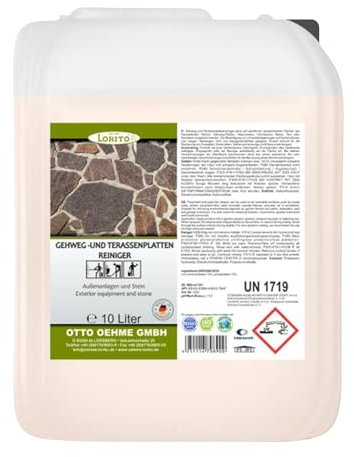 Lorito Gehweg- und Terrassenplattenreiniger, 10 Liter Konzentrat, Alkalisch, gegen Ablagerungen und Schmutz, zur Reinigung von Hauswänden, Gehweg-Platten, Holzzäune und Fassaden
